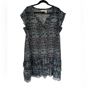 DKNY Belted Geometric Mini Dress Size L Flutter Sleeve Tiered Ruffle Hem